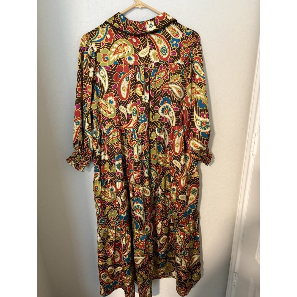 Umgee Brown Gold Paisley Silky Polyester Boho Tiered 3/4 Sleeves Maxi Dress Sz L - Picture 4 of 5